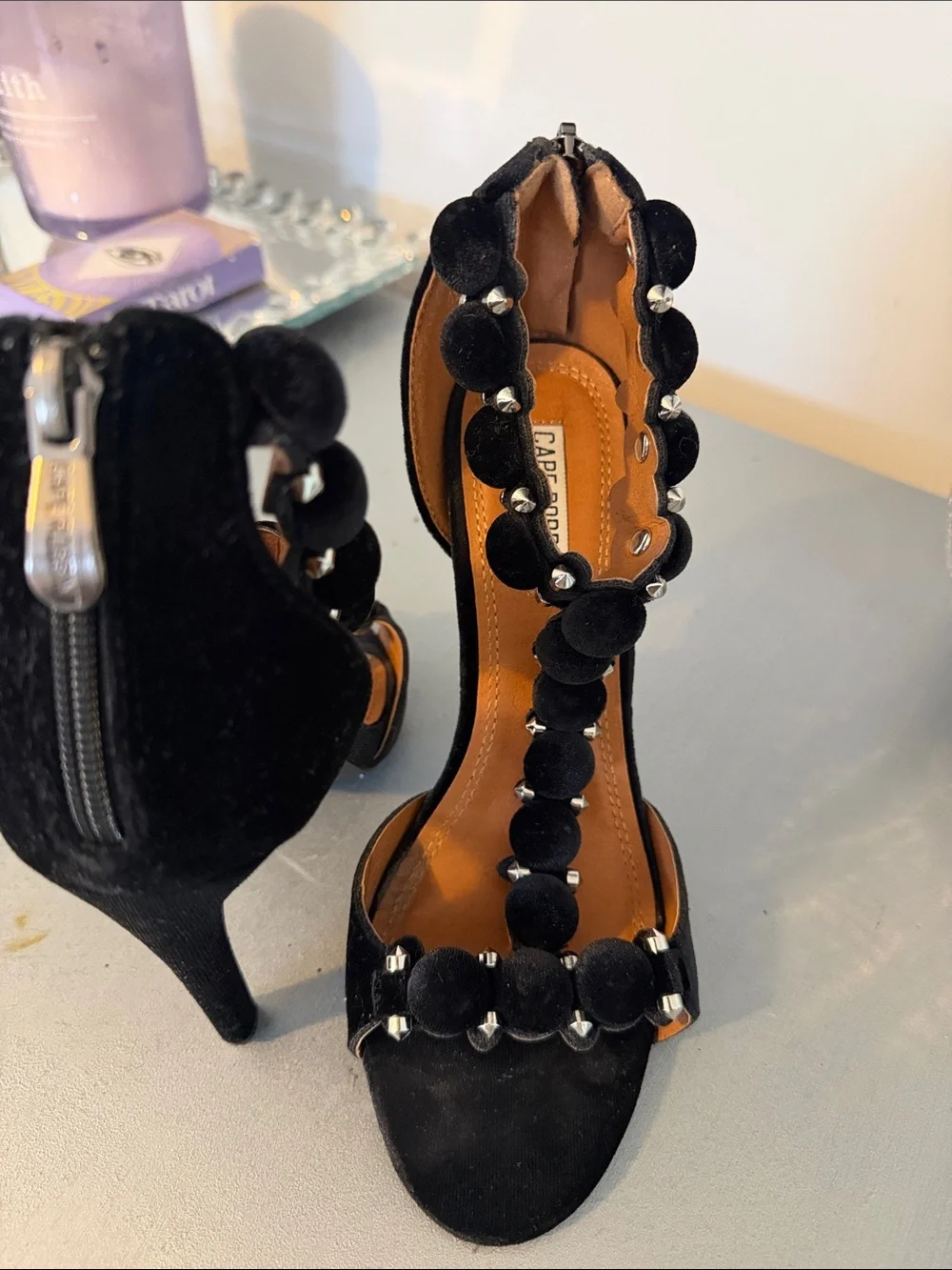 Cape Robbin Black Velvet Pom Pom T-Strap Heels